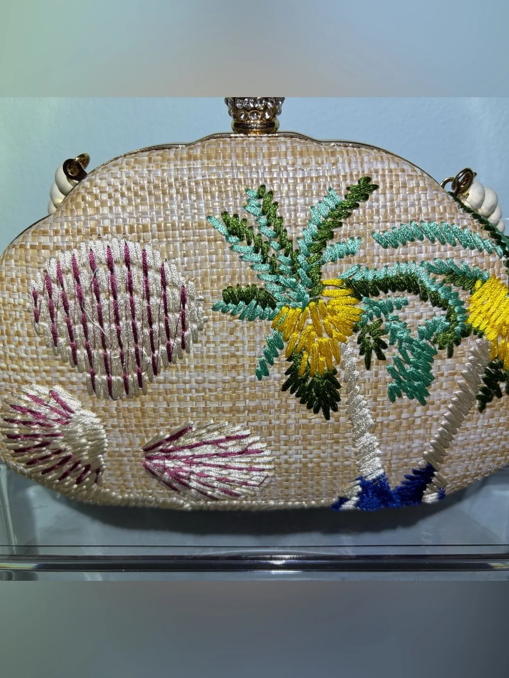 NWT Prezzo Embroidered Palm Woven Clutch With Chain or Beaded Removable Strap